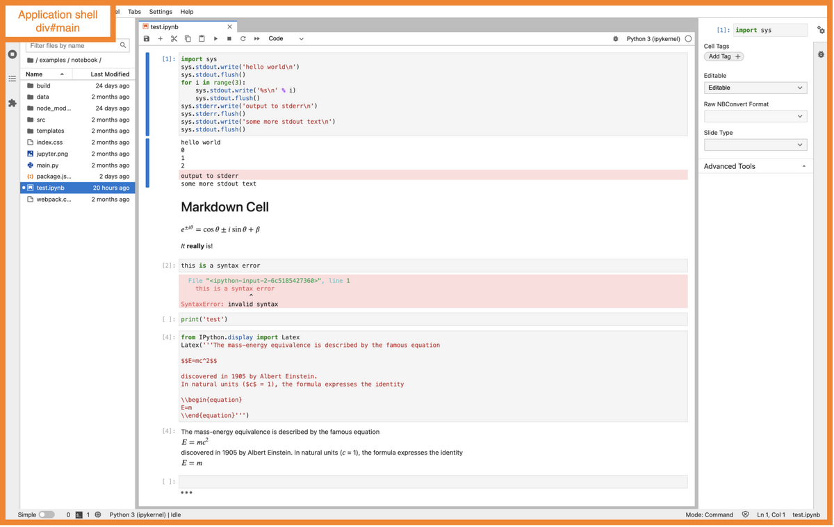 Screenshot of the JupyterLab UI in which the entire UI is outlined because theshell node spans the entire visible UI